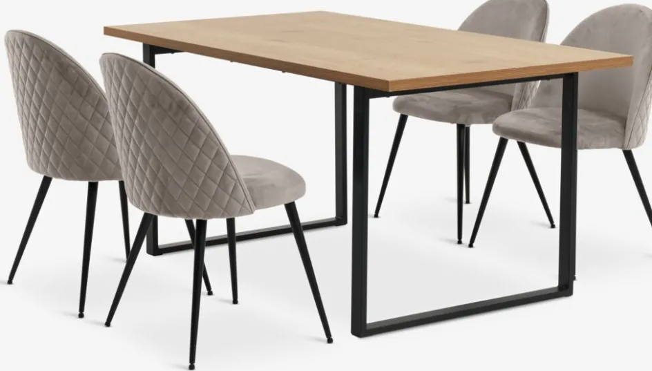 New AABENRAA + KOKKEDALMesa AABENRAA L160 roble + 4 sillas KOKKEDAL terciopelo gris Mesas De Comedor|Conjuntos De Comedor