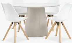 New KLIPLEV + BLOKHUSMesa KLIPLEV Ø120 travertino + 4 sillas BLOKHUS blanco Mesas De Comedor|Conjuntos De Comedor