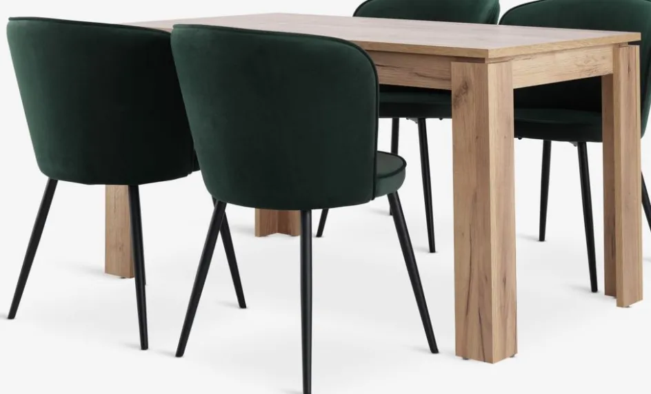 Discount LINTRUP + RISSKOVMesa LINTRUP L140 roble salvaje + 4 RISSKOV terciopelo verde Mesas De Comedor|Conjuntos De Comedor
