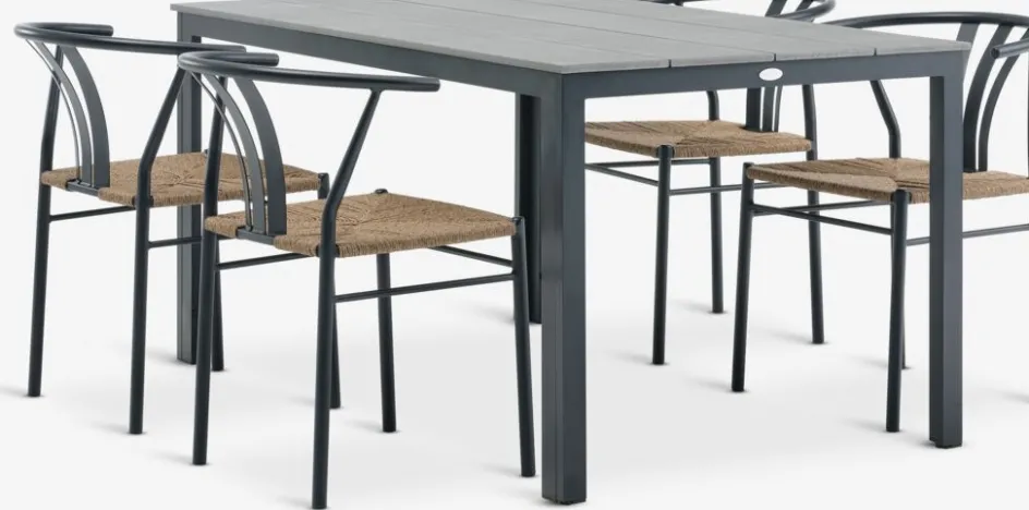 Sale MARIELYST + TAGMARKMesa MARIELYST L150 gris + 4 sillas TAGMARK negro Conjuntos Mesa Y Sillas De Jardín