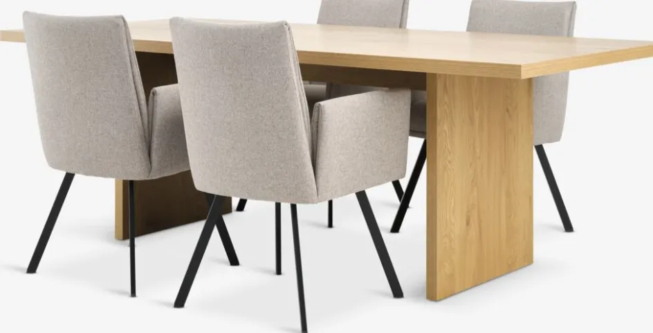 Discount MUNKEBY + GJESINGMesa MUNKEBY L220 roble cálido + 4 GJESING beis/negro Mesas De Comedor|Conjuntos De Comedor