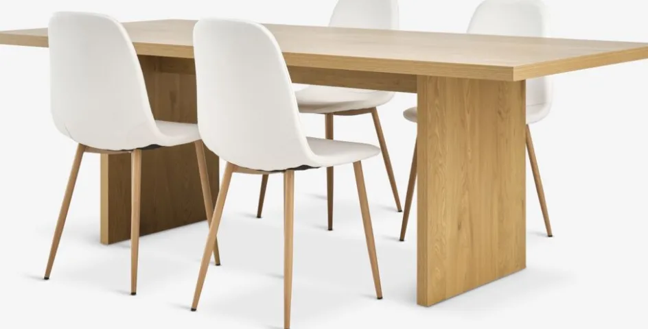 Discount MUNKEBY + JONSTRUPMesa MUNKEBY L220 roble cálido + 4 sillas JONSTRUP blanco Mesas De Comedor|Conjuntos De Comedor