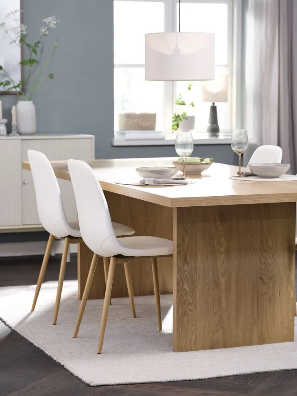 Discount MUNKEBY + JONSTRUPMesa MUNKEBY L220 roble cálido + 4 sillas JONSTRUP blanco Mesas De Comedor|Conjuntos De Comedor