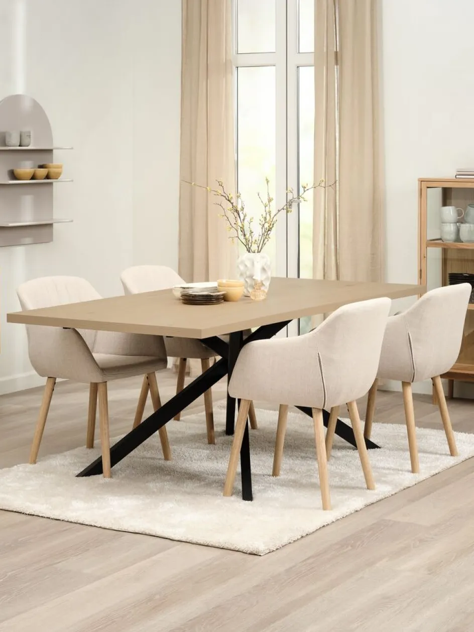 Clearance NORTOFT + ADSLEVMesa NORTOFT L200 roble cálido + 4 sillas ADSLEV tela beis Mesas De Comedor|Conjuntos De Comedor