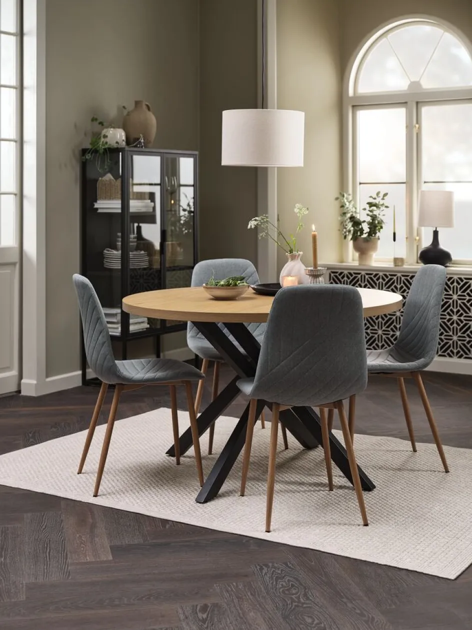 New NORTOFT + JONSTRUPMesa NORTOFT Ø120 roble cálido +4 sillas JONSTRUP azul claro Mesas De Comedor|Conjuntos De Comedor